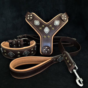"AZTEC" BIG dog SET - Harness - collar - lead. Brown - ThoseDogParents