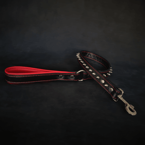 Black soft leather short spiked leash - ThoseDogParents