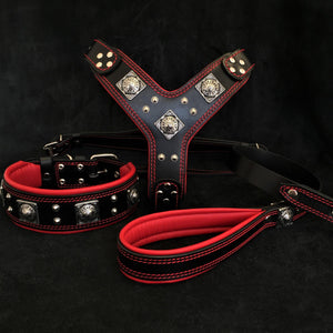 "EROS" BIG dog SET - Harness - collar - lead. Black & Red - ThoseDogParents
