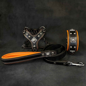 "EROS" Small to Medium dog SET - Harness - collar - lead Black&Orange - ThoseDogParents