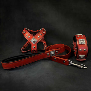 "EROS" Small to Medium dog SET - Harness - collar - lead. Red - ThoseDogParents
