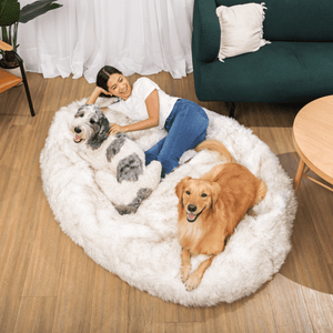 PupCloud™ Human - Size Faux Fur Memory Foam Dog Bed - White with Brown Accents - ThoseDogParents