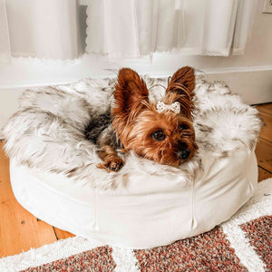 PupPouf™ Faux Fur Donut Dog Bed - White with Brown Accents - ThoseDogParents